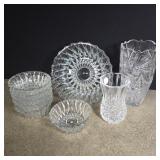 2 crystal vases 8' and 5' and glass serving set