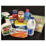 Assorted cleaning supplies, mostly opened