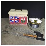 2 small plastic totes, bar-b-que pokers, mosquito