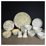 Shamrock platter, tea cups, salt and pepper