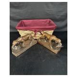 Bronze bookends, dogs and birds in a wicker