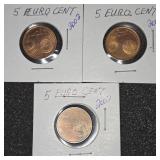 Three 5 cent Euro coins from 2002