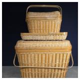 2 wicker picnic baskets and wicker tray