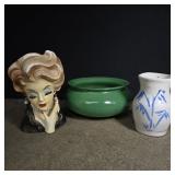 Ceramic lady head vase 6' h, small pottery vase