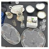 Lot of glass candlesticks, platters, pitcher