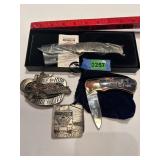 Lot of (4) - (2) Belt Buckles and (2) Knives