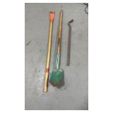 hand tools including crow bar, spade and