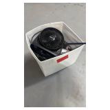 Box of assorted office supplies power cords and