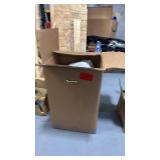 Box of assorted hotel linens, including towels