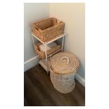 Rolling white metal shelf with baskets and