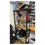 Wood and metal shelf, including contents,
