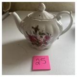 Vintage White Ceramic Teapot Pink Rose Floral