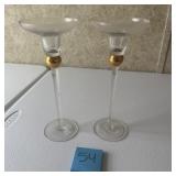 Pair Tall Glass Candle Holders Gold Accent