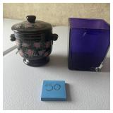 Black Floral Jar & Blue Glass Vase