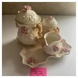 Porcelain Tea Set Applied Roses Gold Trim Tray