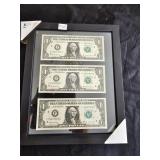 3 Framed US Dollar Notes Consecutive Serial #'s