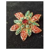 Holiday Poinsettia Red & Green Rhinestones Brooch