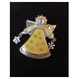 Holiday Silvertone Winged Angel Brooch Pin Enamel