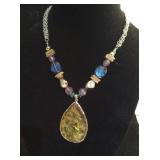 Triple Silvertone Chains with Beads & a Pendant
