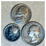 1954 Washington Quarter, 1926 Mercury Dime, 1948 Jefferson Nickel
