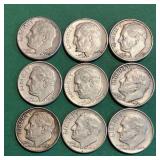 9 Pre-65 Roosevelt 90% Silver Dimes