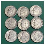 9 Pre-65 Roosevelt 90% Silver Dimes