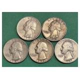5 Pre-1965 90% Silver Quarters