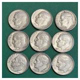 9 Pre-65 Roosevelt 90% Silver Dimes