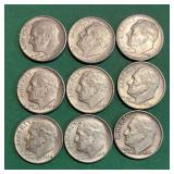 9 Pre-65 Roosevelt 90% Silver Dimes