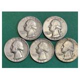 5 Pre-1965 90% Silver Quarters