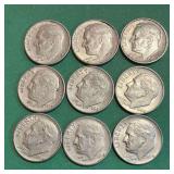 9 Pre-65 Roosevelt 90% Silver Dimes