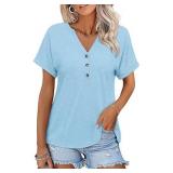 L Blue Short Sleeve Shirts V Neck Buttons AZ39