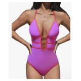 L One Piece Neon Coral Plunging Neck AZ22