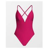 M Rose Red Bathing Suit Deep V Neck AZ39