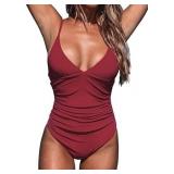 XL Burgundy One Piece Swimsuit Tummy Control AZ39