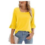 Sz L Poetsky BoatNeck Yellow 3/4 Sleeve Shirt A101
