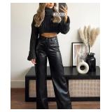 Sz M Black Faux Leather Womens Pants A109