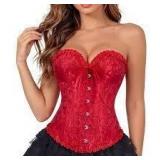 Sz S Red Satin Floral Embossed Fringed Corset A106
