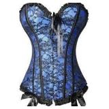 Sz M Blue/Black Floral Silk Ribbon Edged Corset A7
