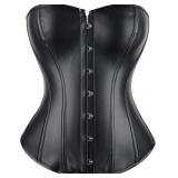 Sz M Black Faux Leather Ribbed Corset A98