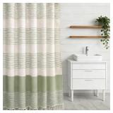 71x70 Fabric Green Tan Stripe Shower Curtain A98