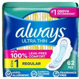 Always Ultra Thin Feminine Pads 62 Count  AZ31