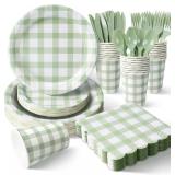 175 Pcs Sage Green & White Checkered Plates AZ7