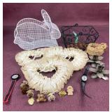 Assorted items including wire Easter Bunny,