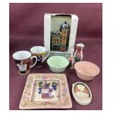 Assorted items including mugs, Christmas Village