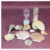 Assorted seashell decor and hour glass