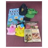 Cookbooks, ballcaps, yard flag, bath puppets and