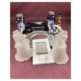Assorted items including water bottles, light