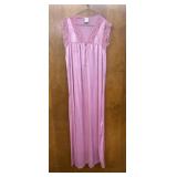 Vintage Pink Nylon Gown with Lace, Size Small