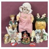 Assorted Figurines, Clock(not tested)  Doll( has